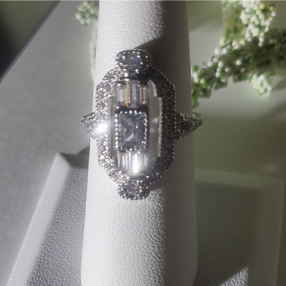 Clear White Zircon & Clear White Zircon Cocktail Ring 14K on White Gold over 925 - Picture 7 of 7